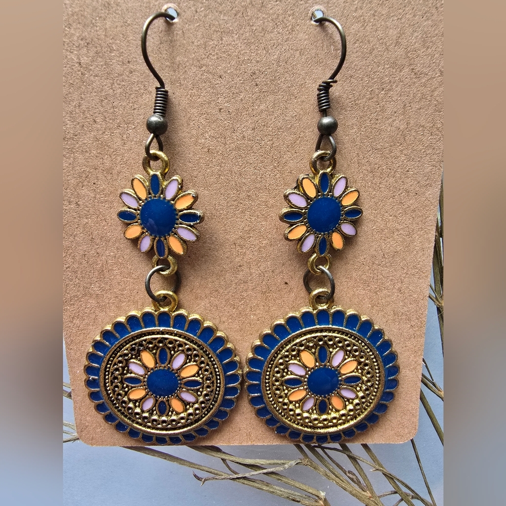 Vintage Floral Dangle Earrings | Navy Blue Enamel Statement Earrings | Retro